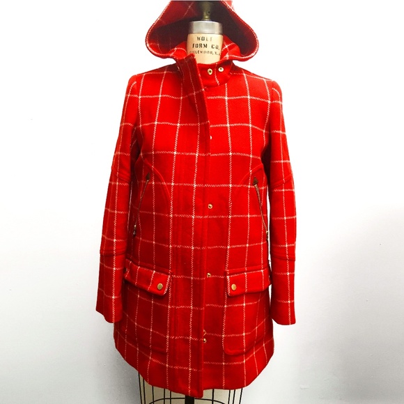 J.Crew Red Windowpane Plaid Chateau Wool Parka Coat - Sz 8